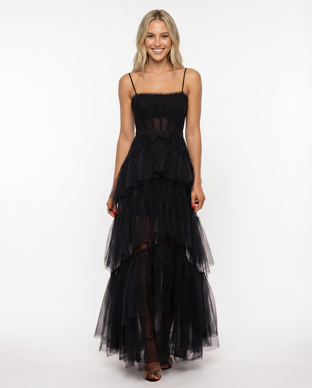 Nyx | Mesh Corset Gown with Tiered Skirt and Spaghetti Strap