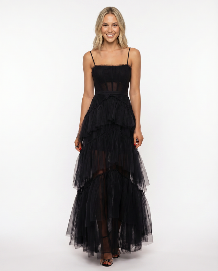 Nyx | Mesh Corset Gown with Tiered Skirt and Spaghetti Strap