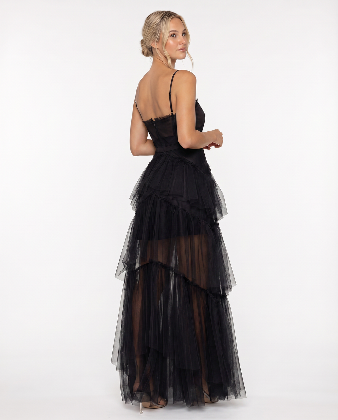 Nyx | Mesh Corset Gown with Tiered Skirt and Spaghetti Strap