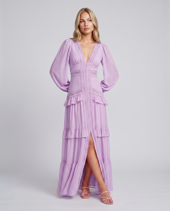 Lorie | Maxi Dress with Ruffle Skirt and Long Sheer Sleeves