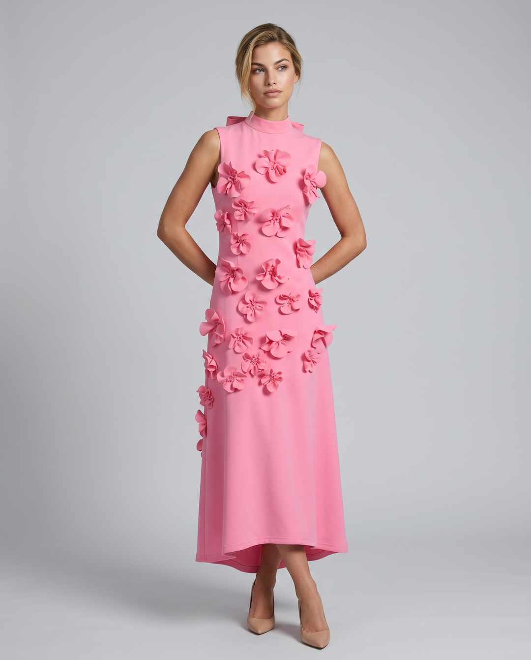 Shelia | Maxi Dress with Floral Appliqué and High Neck