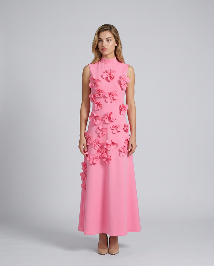 Shelia | Maxi Dress with Floral Appliqué and High Neck