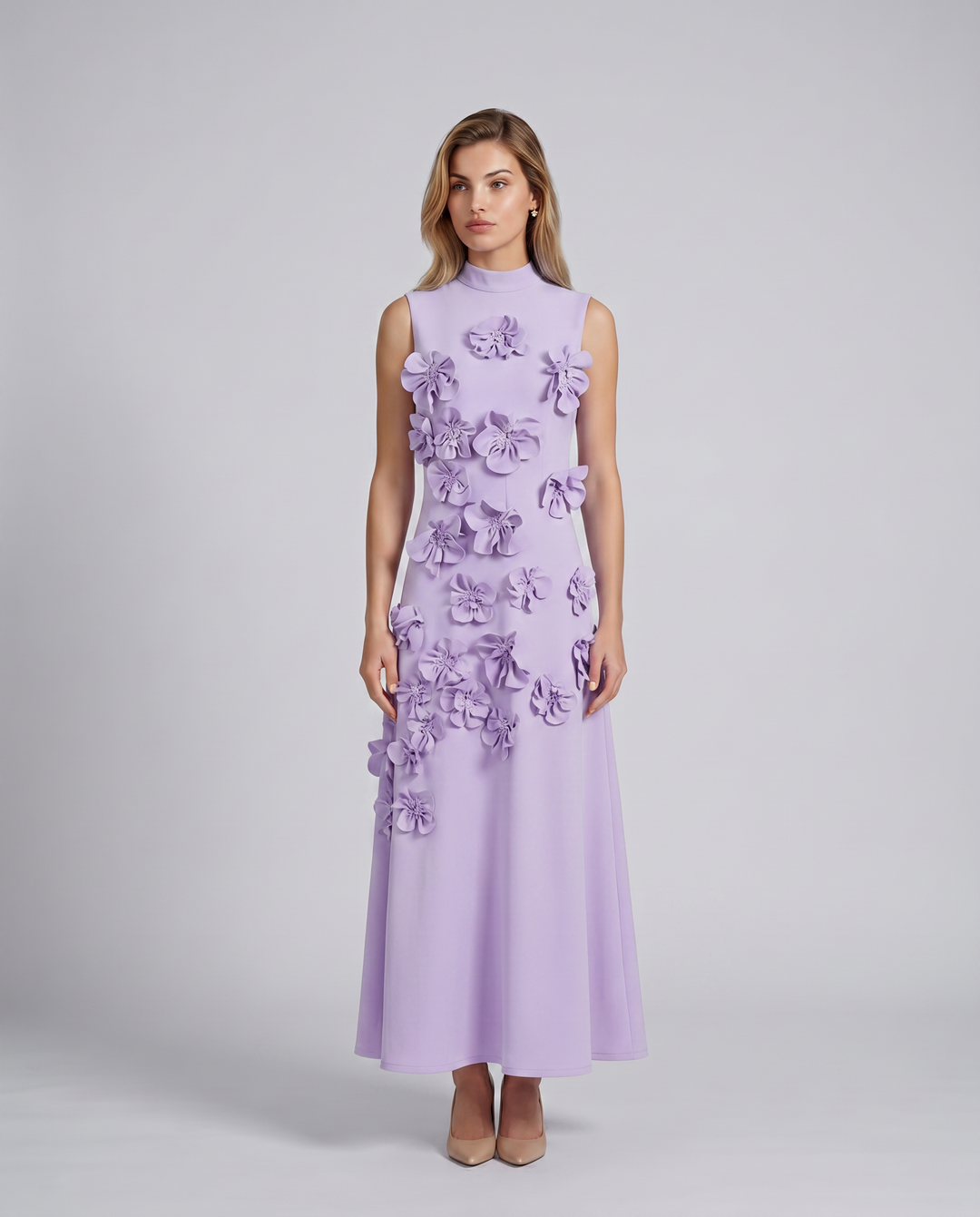 Shelia | Maxi Dress with Floral Appliqué and High Neck