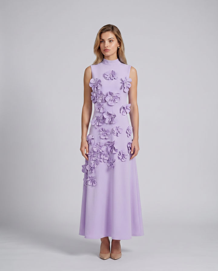 Shelia | Maxi Dress with Floral Appliqué and High Neck