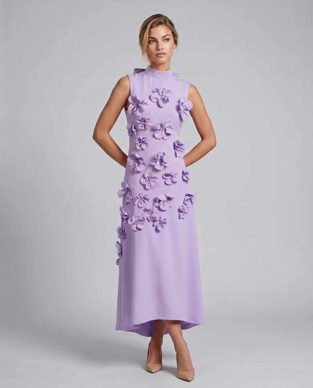 Shelia | Maxi Dress with Floral Appliqué and High Neck