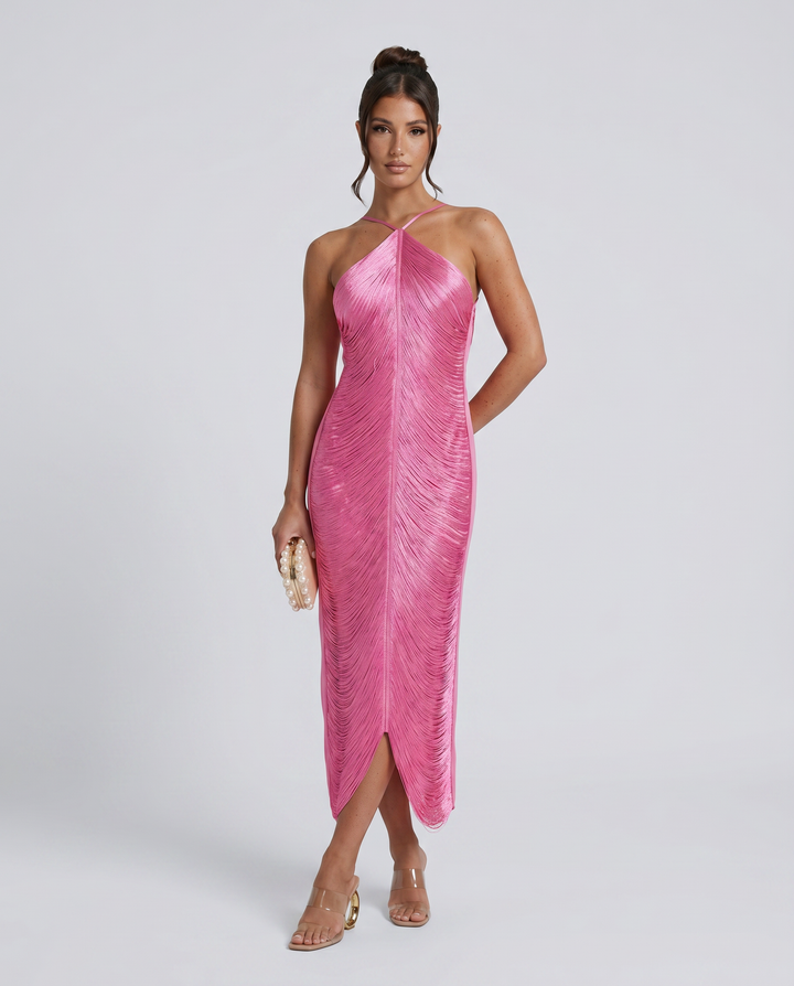 Renata | Halter Gown with Fringe Detail and Open Back