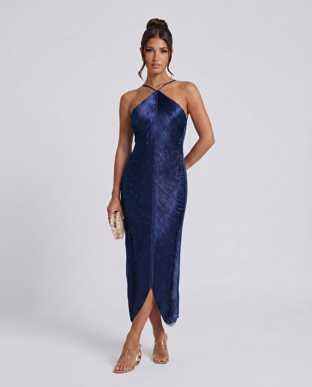 Renata | Halter Gown with Fringe Detail and Open Back