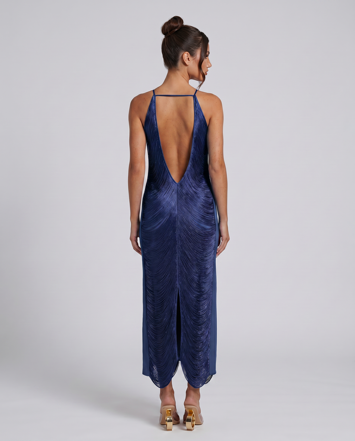 Renata | Halter Gown with Fringe Detail and Open Back