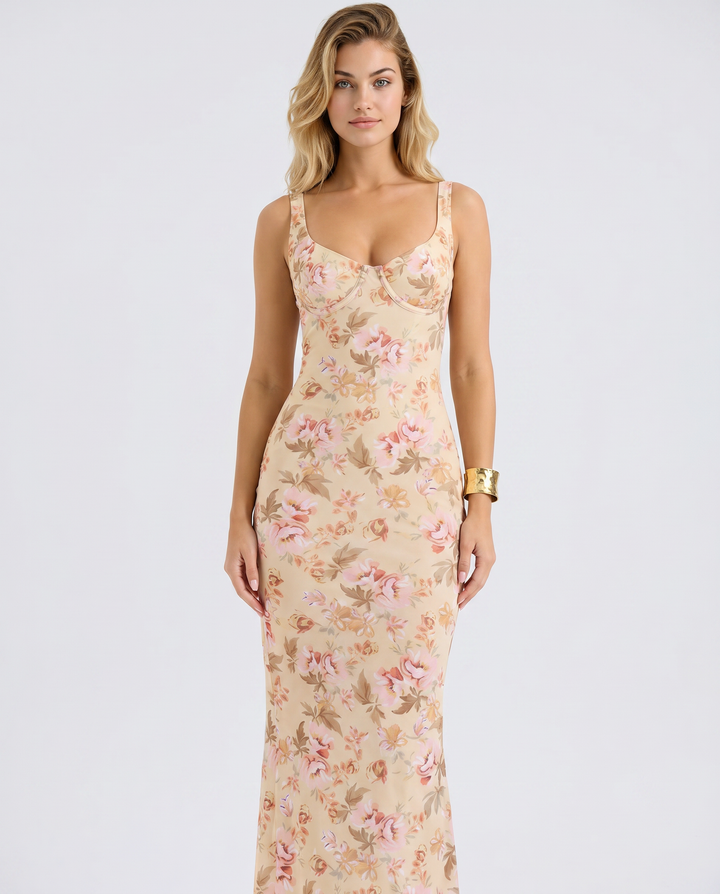 Tracie | Maxi Dress with Floral Print and Bustier Bodice