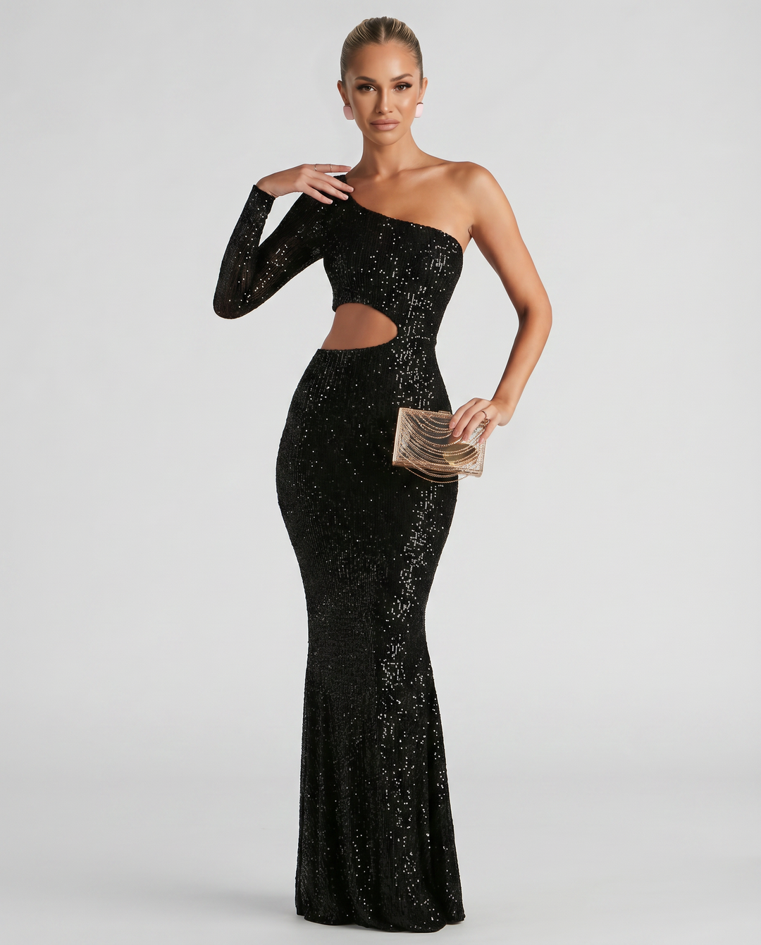 Allie | One Shoulder Sequin Maxi Dress with Cut-Out