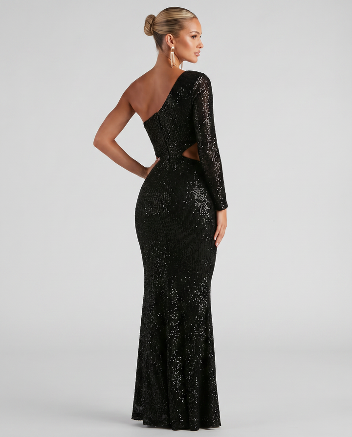 Allie | One Shoulder Sequin Maxi Dress with Cut-Out