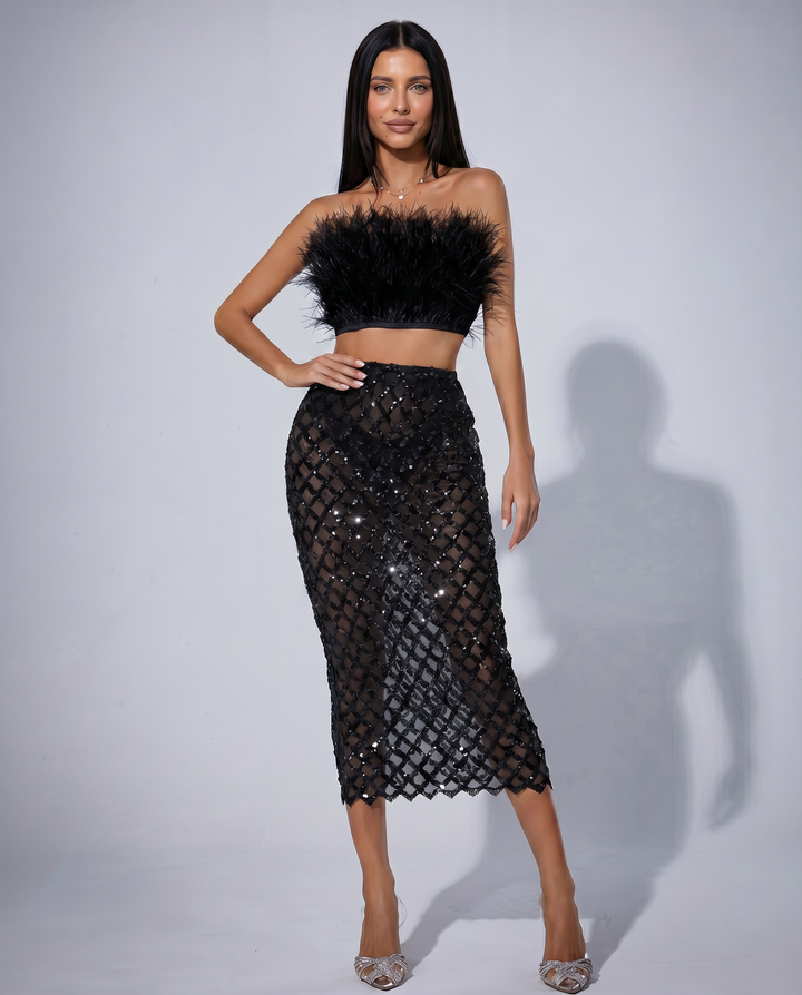 Ansley | Strapless Feather Top and Sequin Mesh Skirt Set