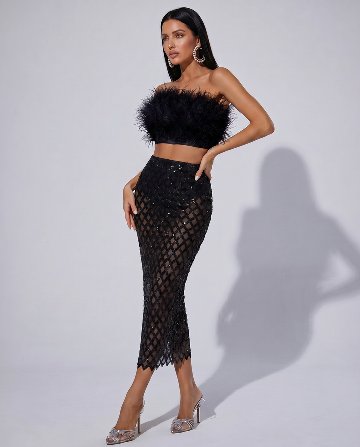 Ansley | Strapless Feather Top and Sequin Mesh Skirt Set