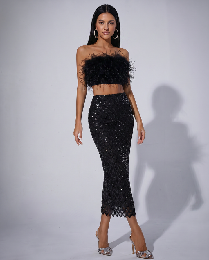 Ansley | Strapless Feather Top and Sequin Mesh Skirt Set