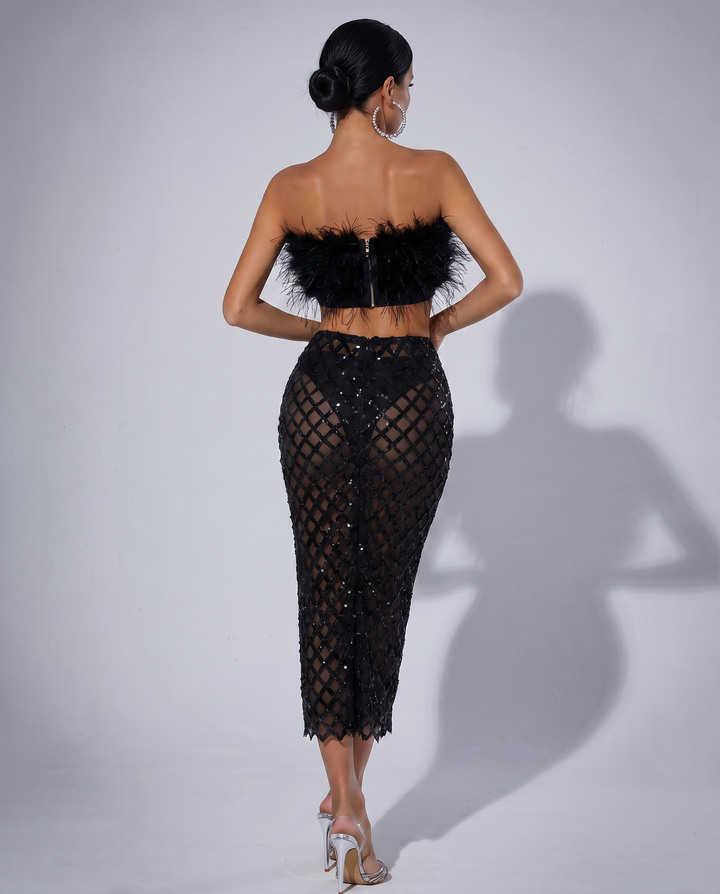 Ansley | Strapless Feather Top and Sequin Mesh Skirt Set