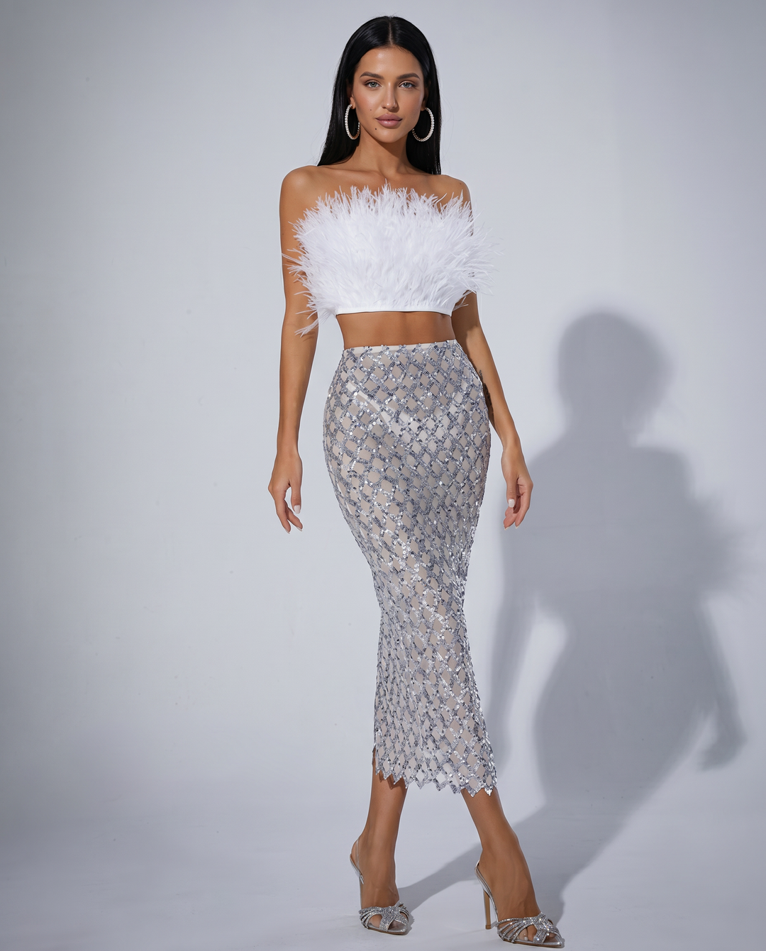 Ansley | Strapless Feather Top and Sequin Mesh Skirt Set