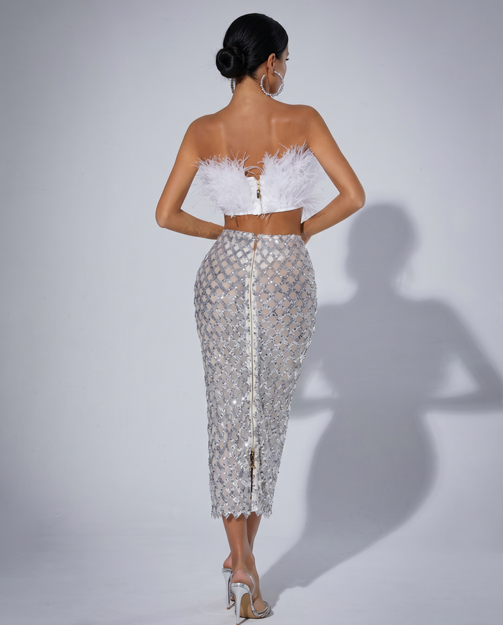 Ansley | Strapless Feather Top and Sequin Mesh Skirt Set