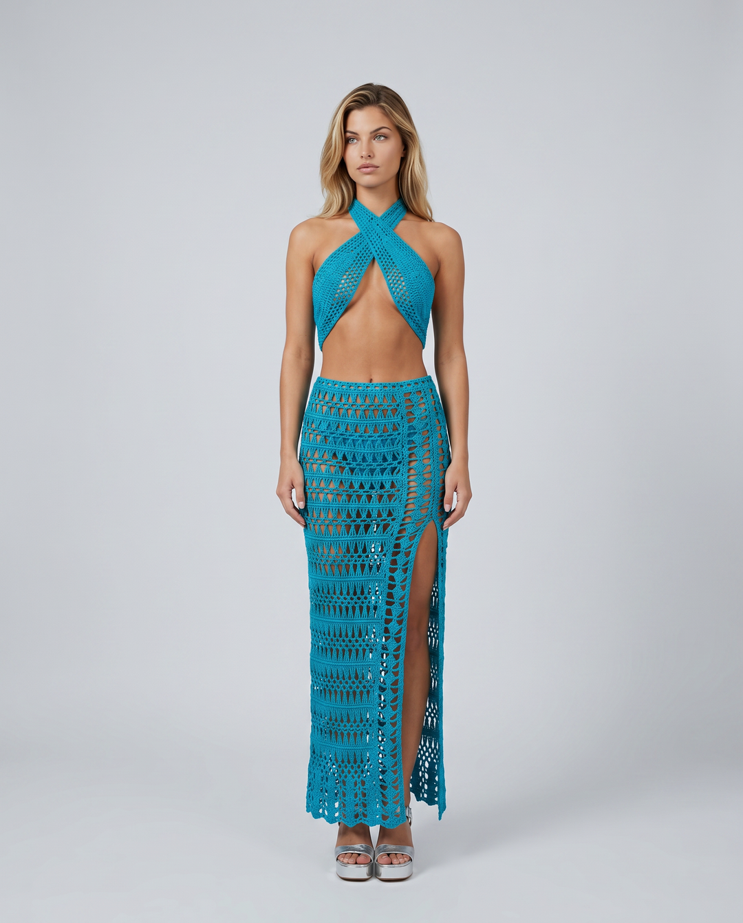 Anne | Crochet Knit Two-Piece Set with Halter Top