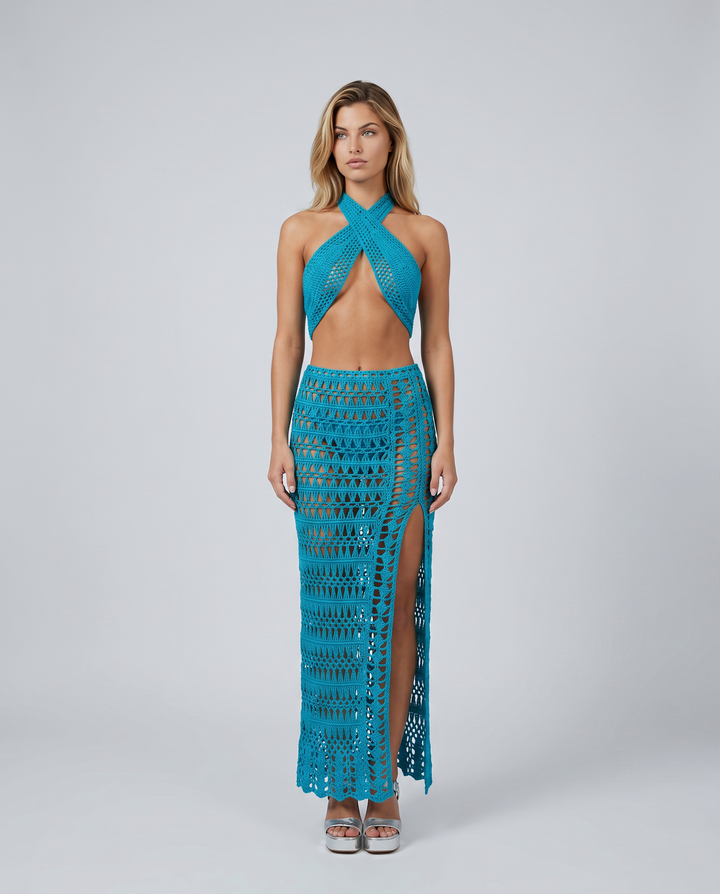 Anne | Crochet Knit Two-Piece Set with Halter Top