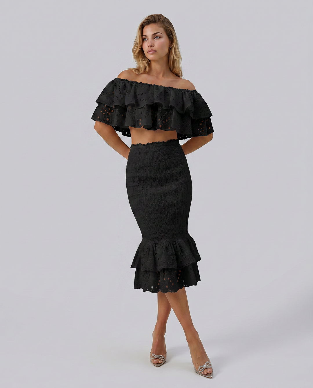 Liorah | Embroidered Ruffle Top and Midi Skirt Set