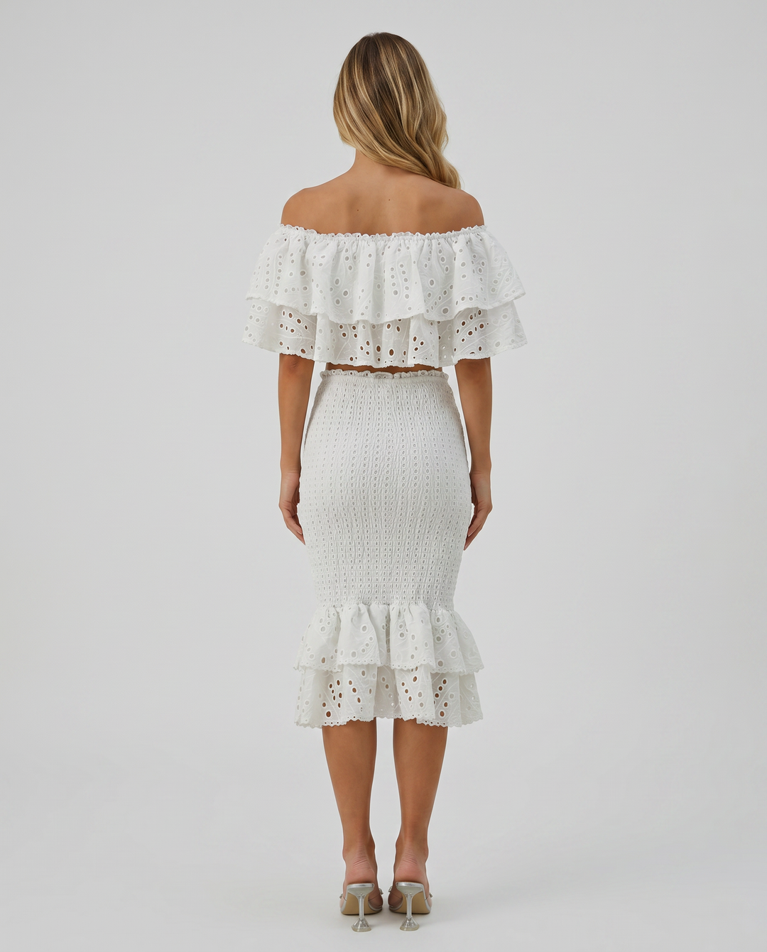 Liorah | Embroidered Ruffle Top and Midi Skirt Set