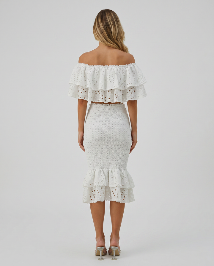 Liorah | Embroidered Ruffle Top and Midi Skirt Set