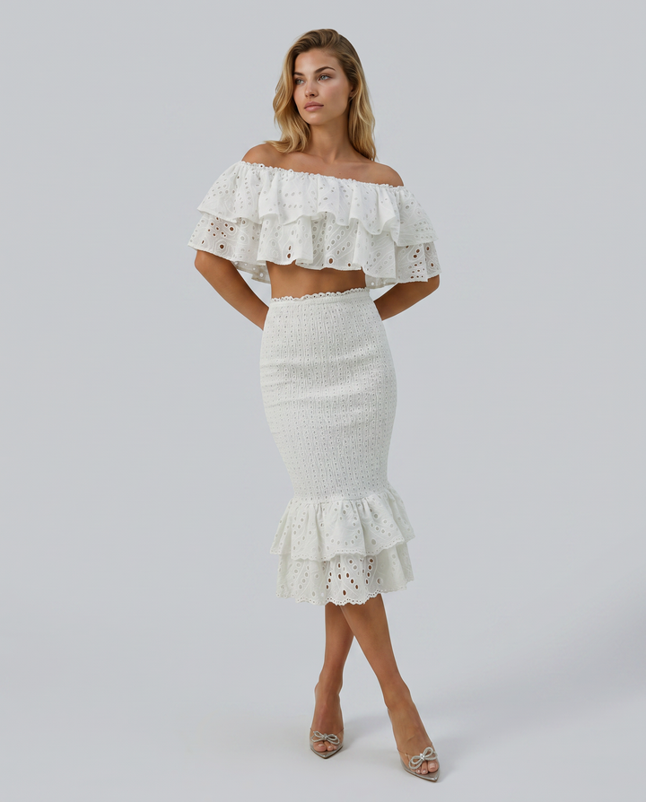 Liorah | Embroidered Ruffle Top and Midi Skirt Set