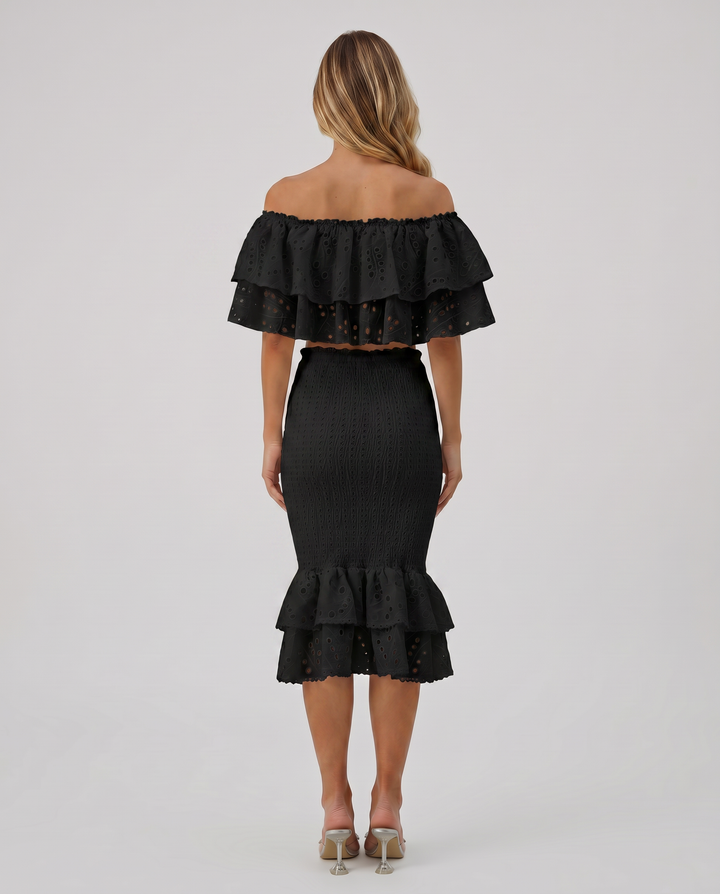 Liorah | Embroidered Ruffle Top and Midi Skirt Set