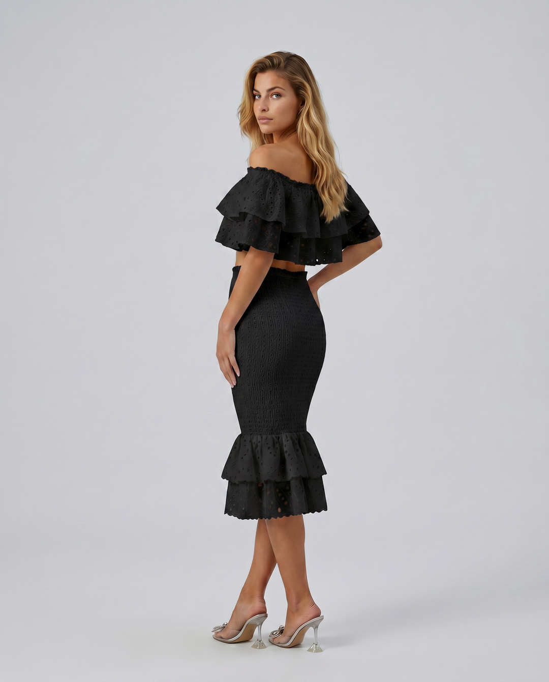 Liorah | Embroidered Ruffle Top and Midi Skirt Set