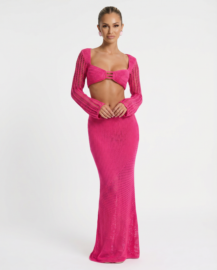 Reba | Crochet Knit Two-Piece Set with Long Sleeve Top