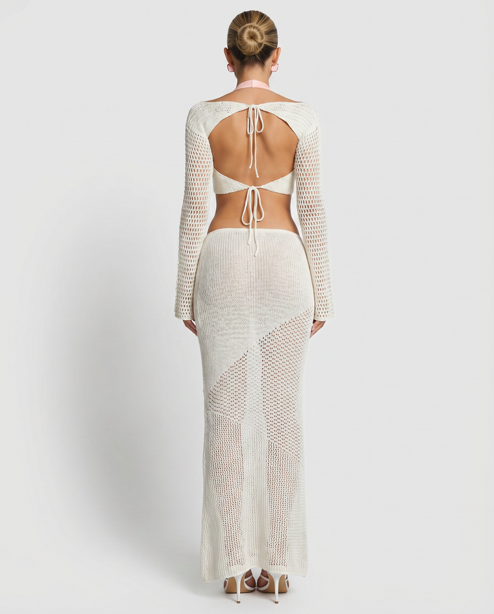 Reba | Crochet Knit Two-Piece Set with Long Sleeve Top
