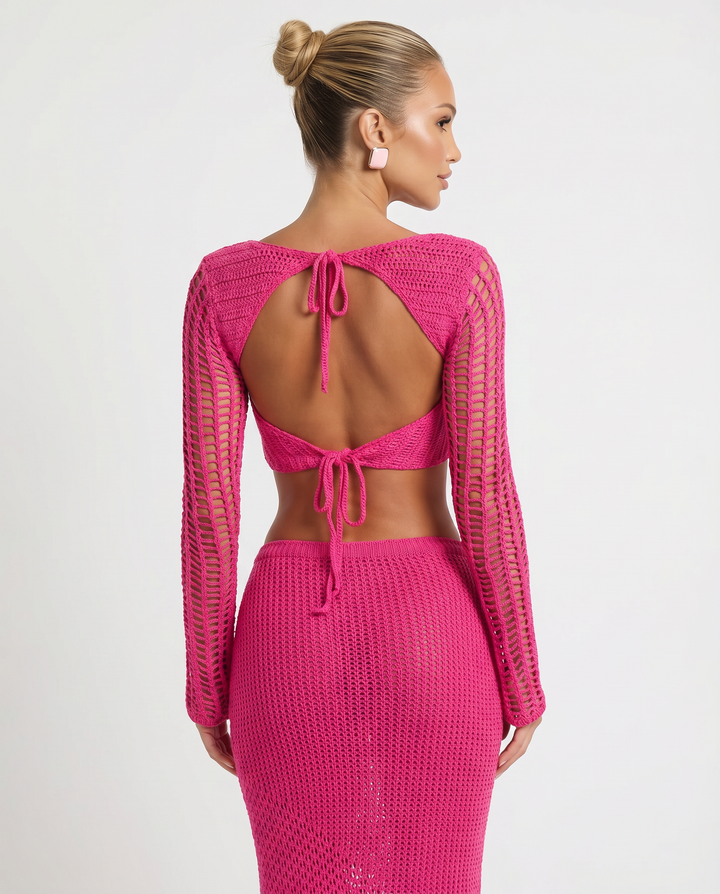 Reba | Crochet Knit Two-Piece Set with Long Sleeve Top