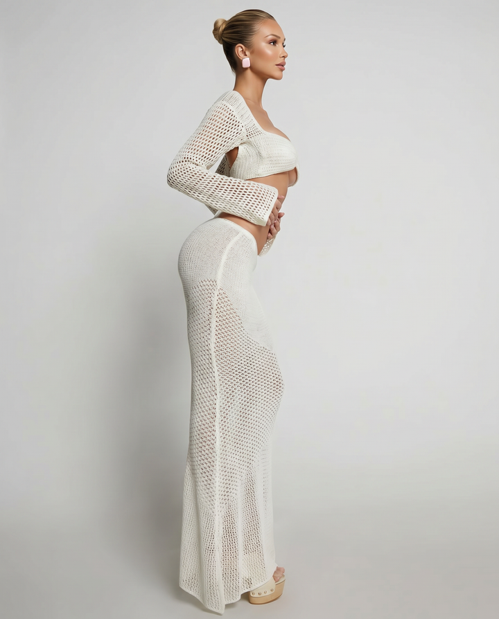Reba | Crochet Knit Two-Piece Set with Long Sleeve Top