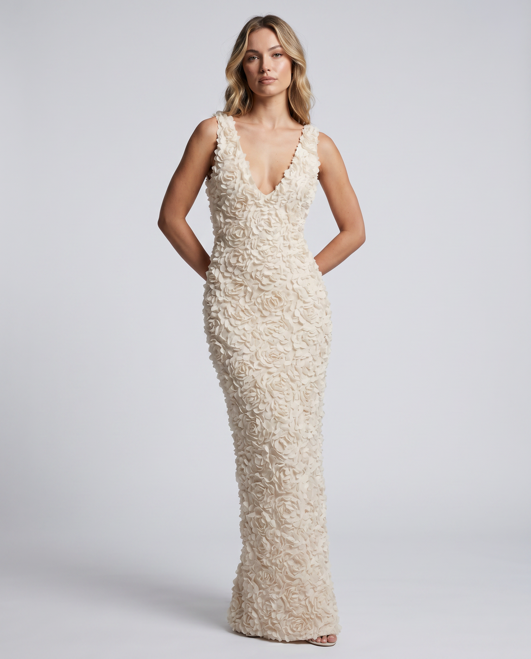 Evania | Sleeveless Maxi Dress with 3D Floral Appliqué