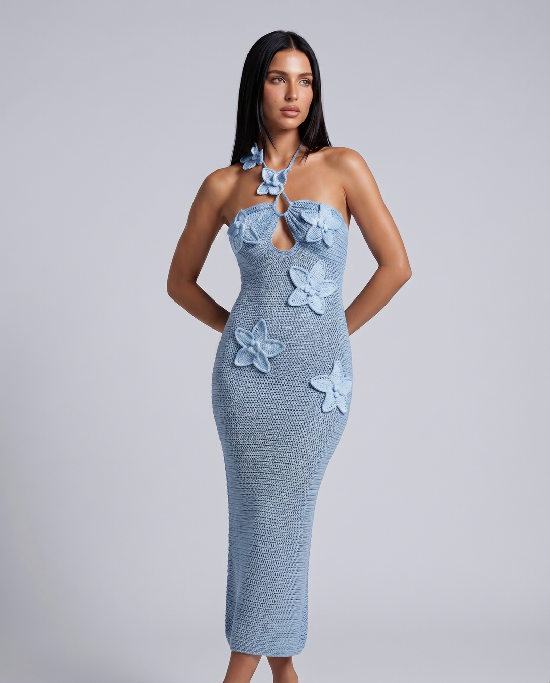 Solene | Crochet Maxi Dress with Floral Applique