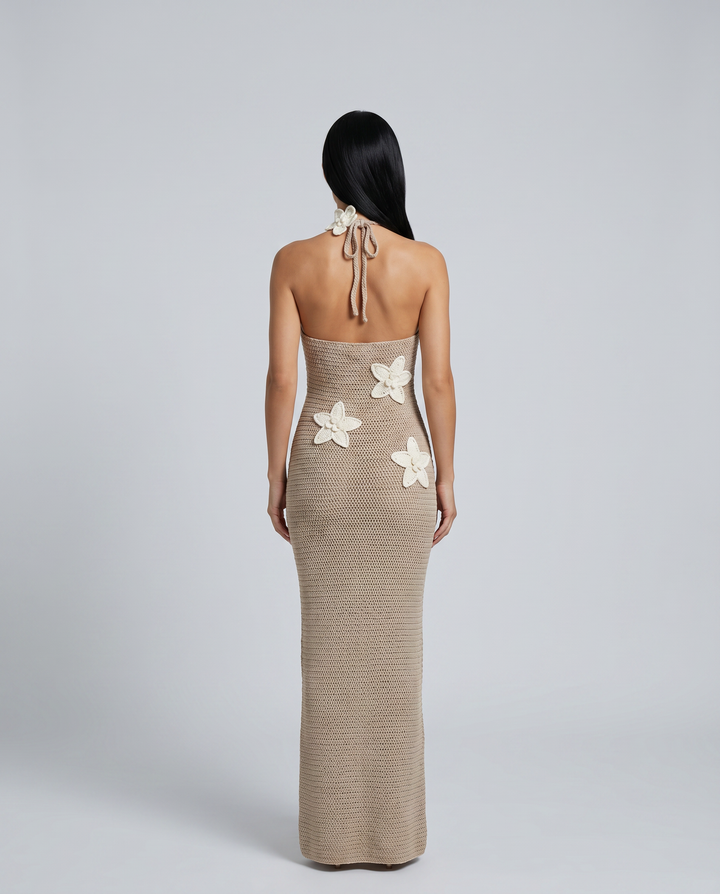 Solene | Crochet Maxi Dress with Floral Applique