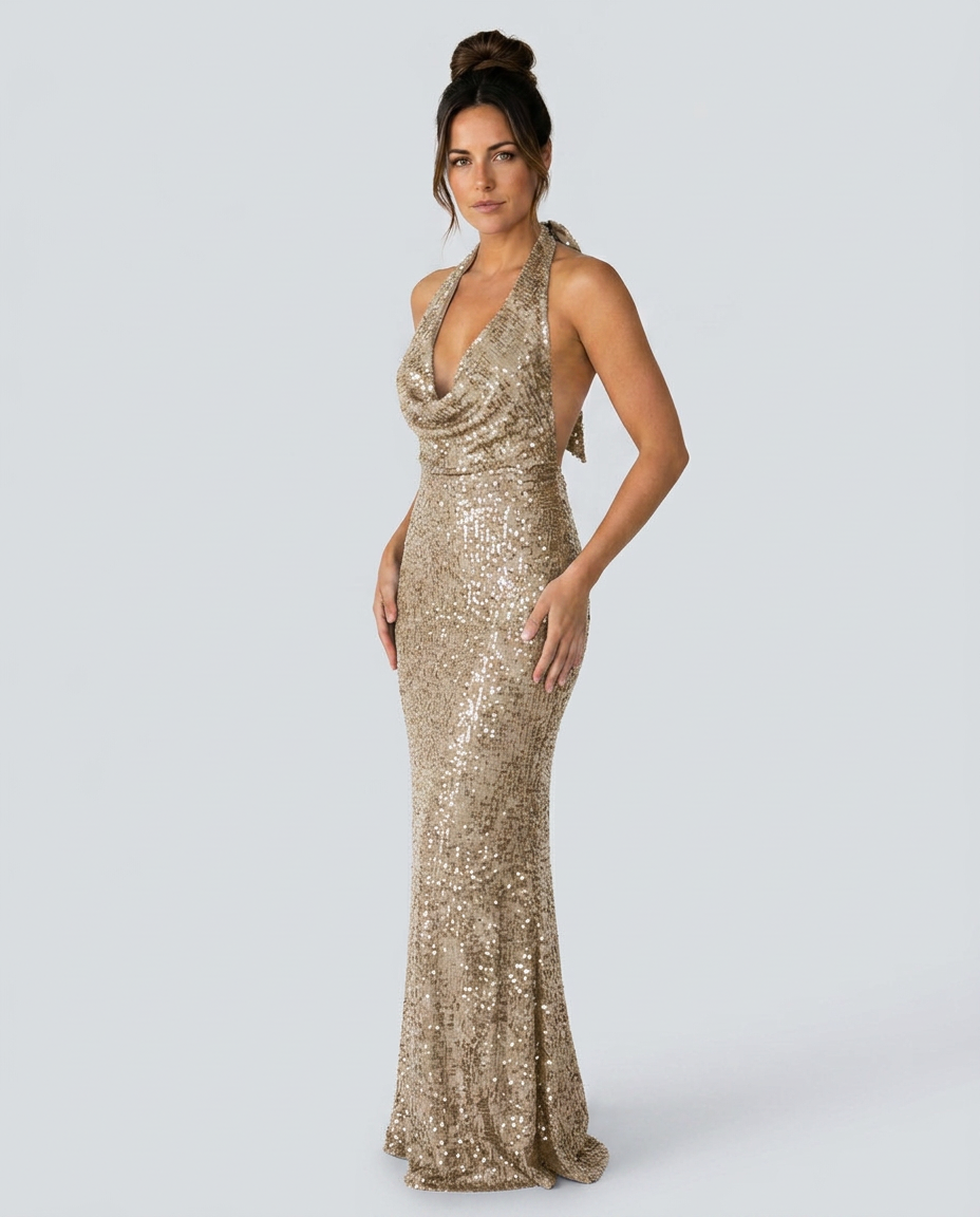 Zorina | Sequin Maxi Dress with Halter Cowl Neck