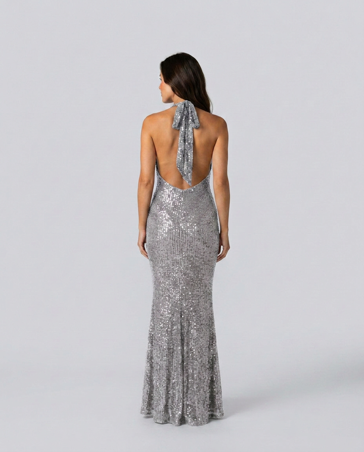 Zorina | Sequin Maxi Dress with Halter Cowl Neck