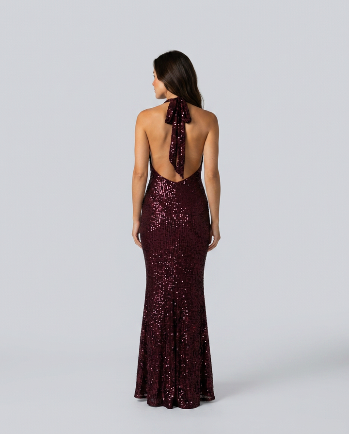 Zorina | Sequin Maxi Dress with Halter Cowl Neck