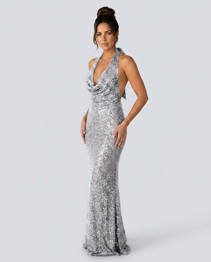 Zorina | Sequin Maxi Dress with Halter Cowl Neck