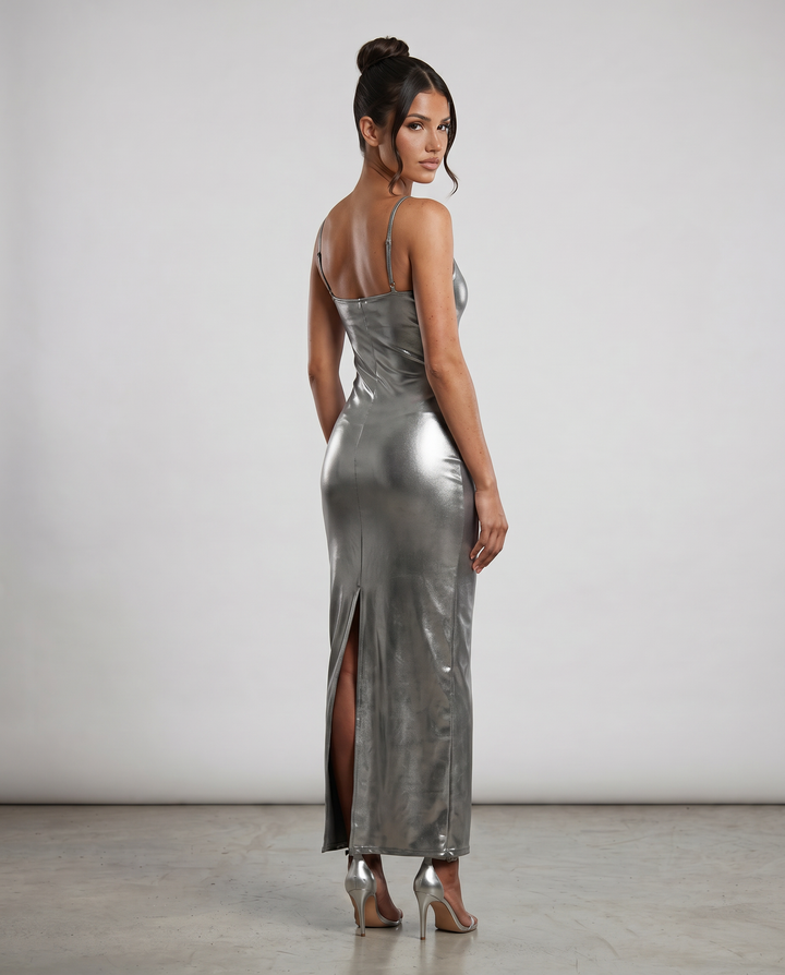 Iris | Maxi Dress with Metallic Finish and Side Slit