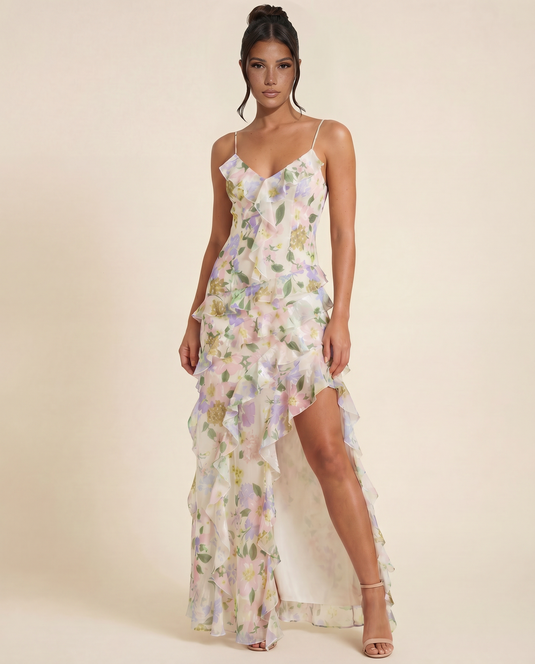 Drusilla | Floral Maxi Dress with Asymmetrical Ruffles