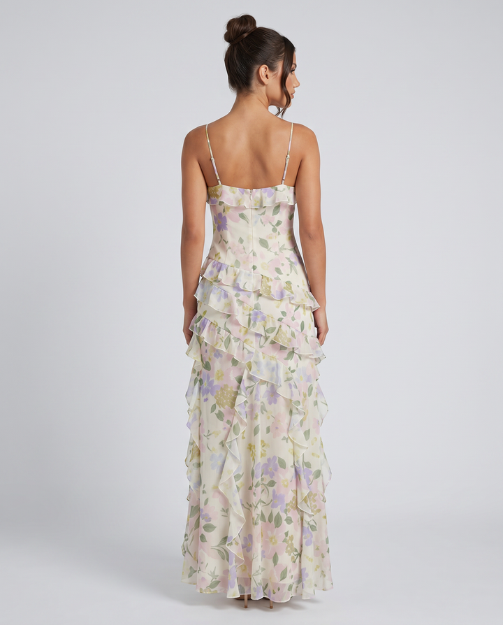 Drusilla | Floral Maxi Dress with Asymmetrical Ruffles