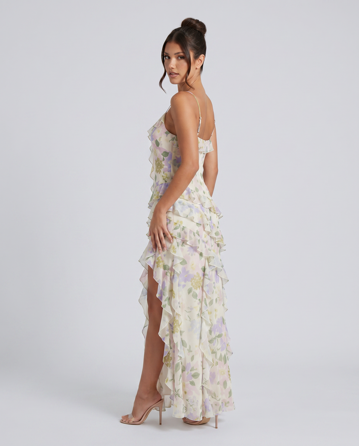 Drusilla | Floral Maxi Dress with Asymmetrical Ruffles