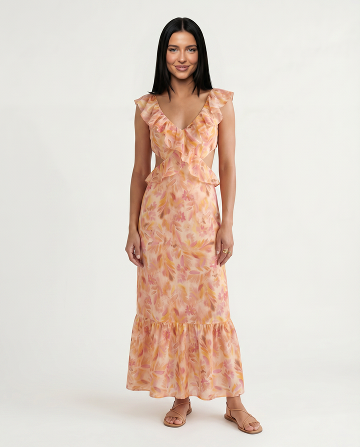 Isabella | Maxi Dress with Floral Print and Ruffle Cut-Out
