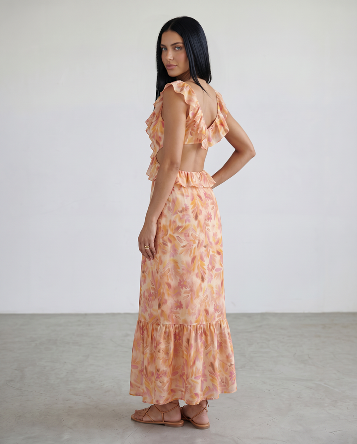 Isabella | Maxi Dress with Floral Print and Ruffle Cut-Out