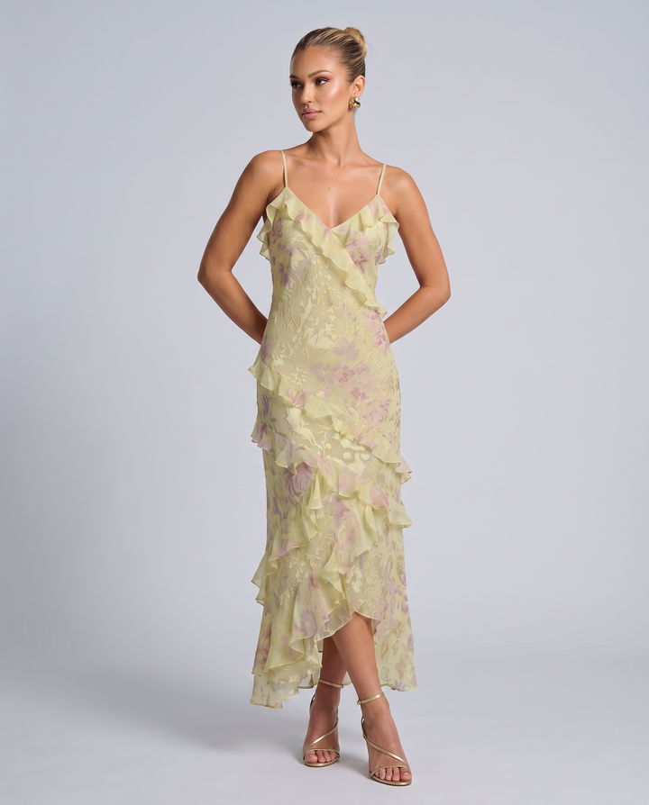 Indigo | Sheer Maxi Dress with Tiered Ruffles