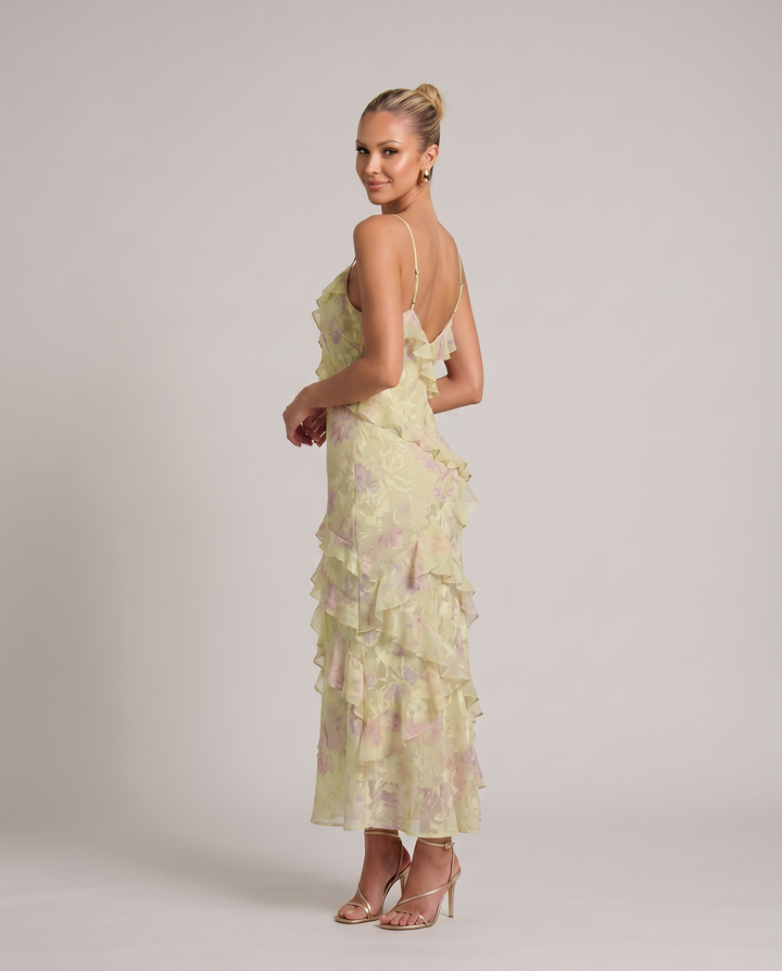 Indigo | Sheer Maxi Dress with Tiered Ruffles