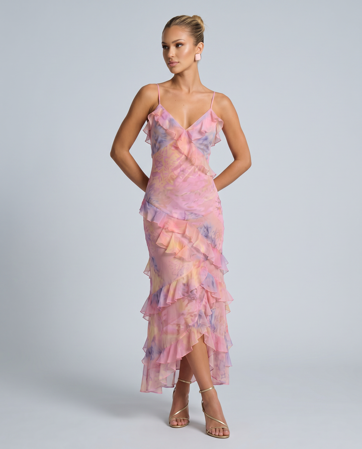 Indigo | Sheer Maxi Dress with Tiered Ruffles