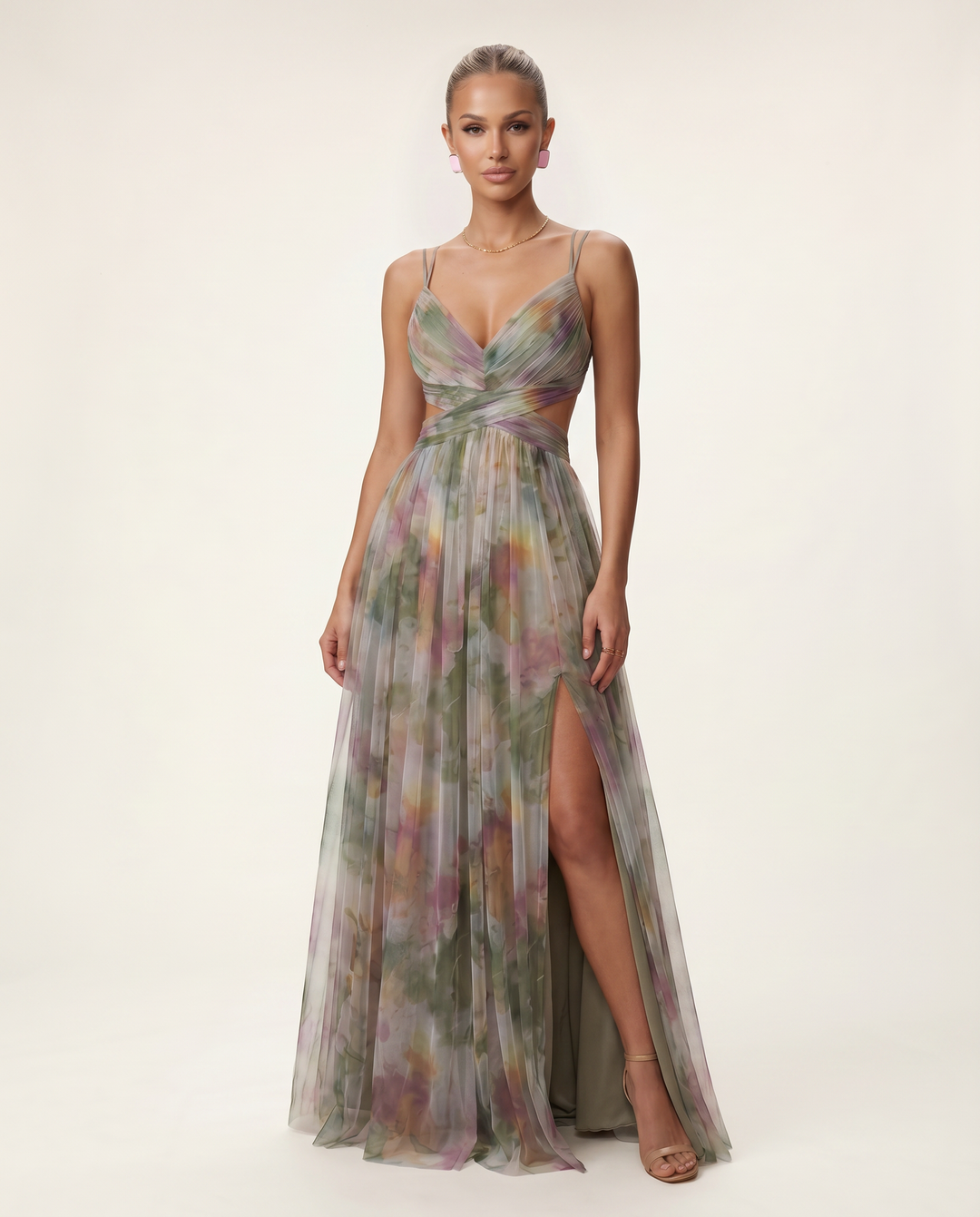 Colby | Maxi Dress with Watercolour Floral Print and Pleats
